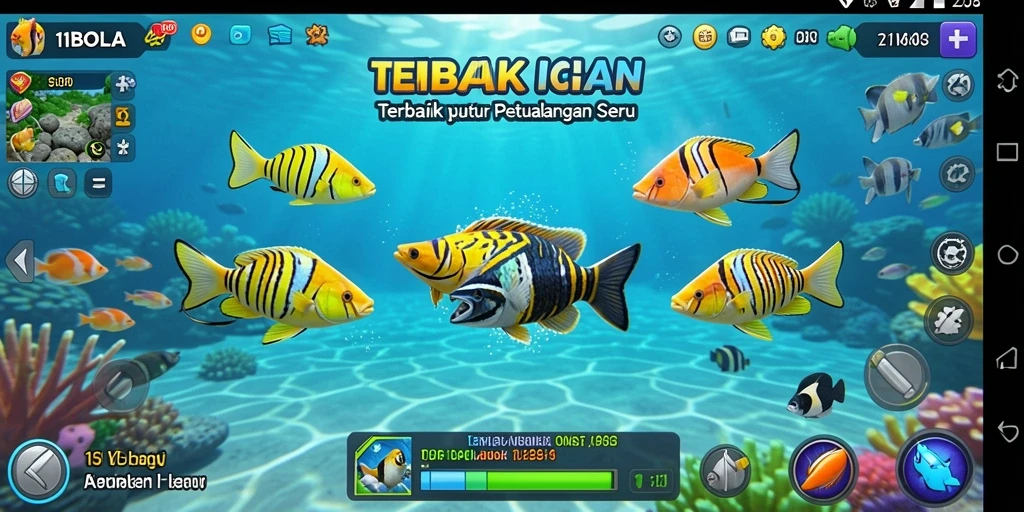 Gameplay seru 11BOLA dengan berbagai ikan dan senjata untuk menangkap.