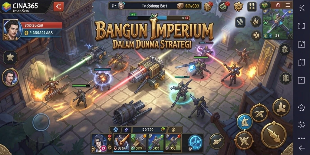 Tampilan gameplay CINA365 dengan pertempuran dan pembangunan kerajaan.