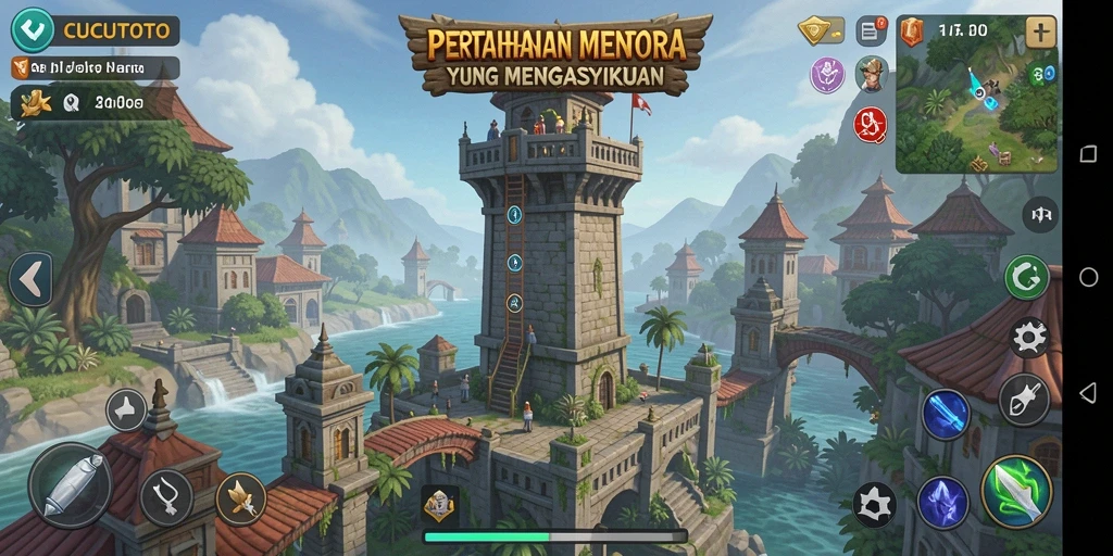 Tampilan menakjubkan dari gameplay CUCUTOTO yang menampilkan strategi Tower Defense.