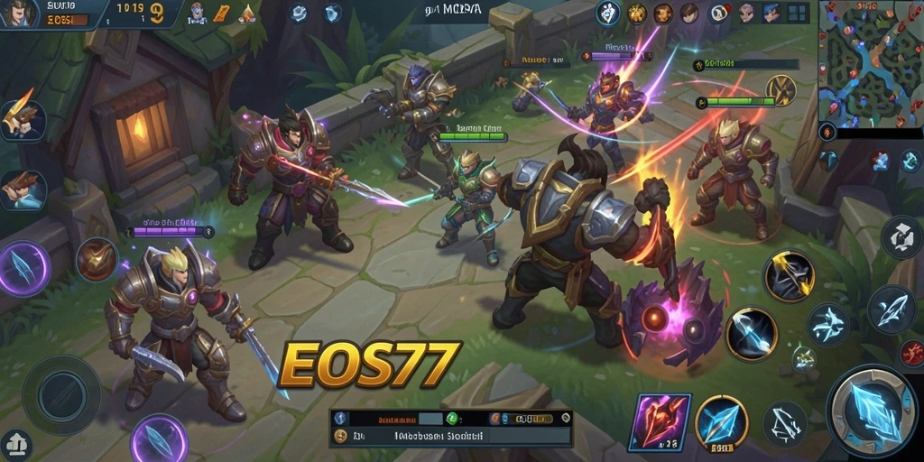 Screenshot gameplay EOS77 menampilkan pertempuran tim yang intens.