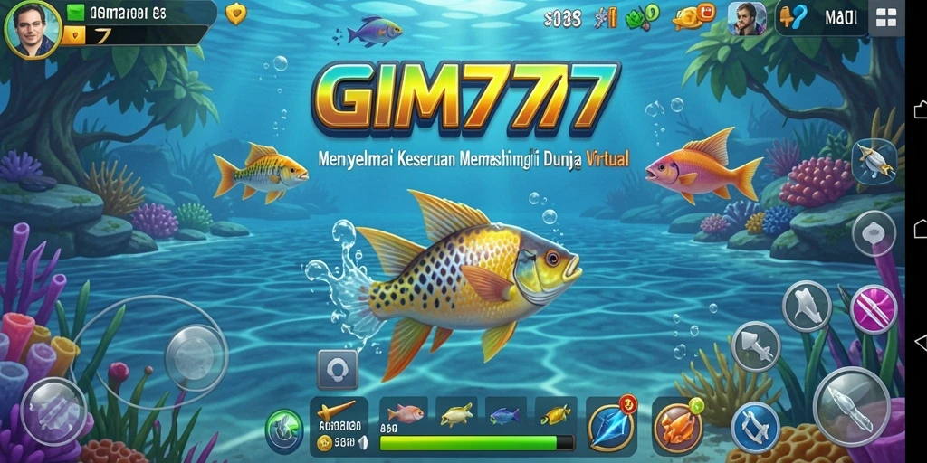 Tampilan gameplay GIM777 saat menangkap ikan di lautan yang indah.