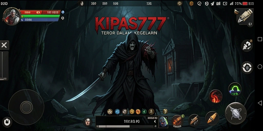 Tampilan gameplay menegangkan KIPAS777 di dunia horor yang gelap.