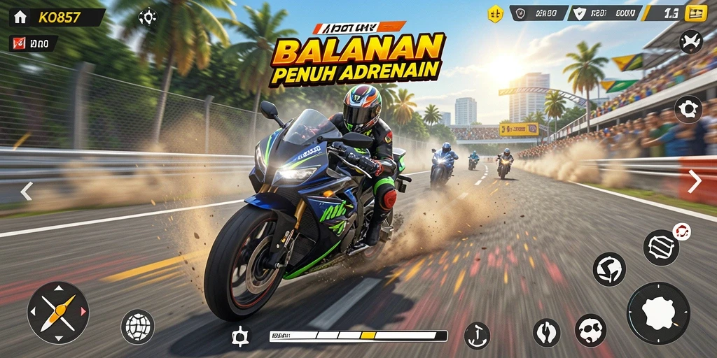 Screenshot gameplay KO857 menampilkan balapan motor yang intens.