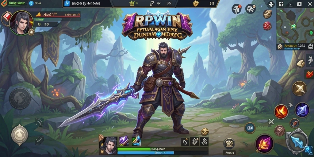 Screenshot gameplay RPWIN menampilkan pertarungan epik dalam dunia fantasi.